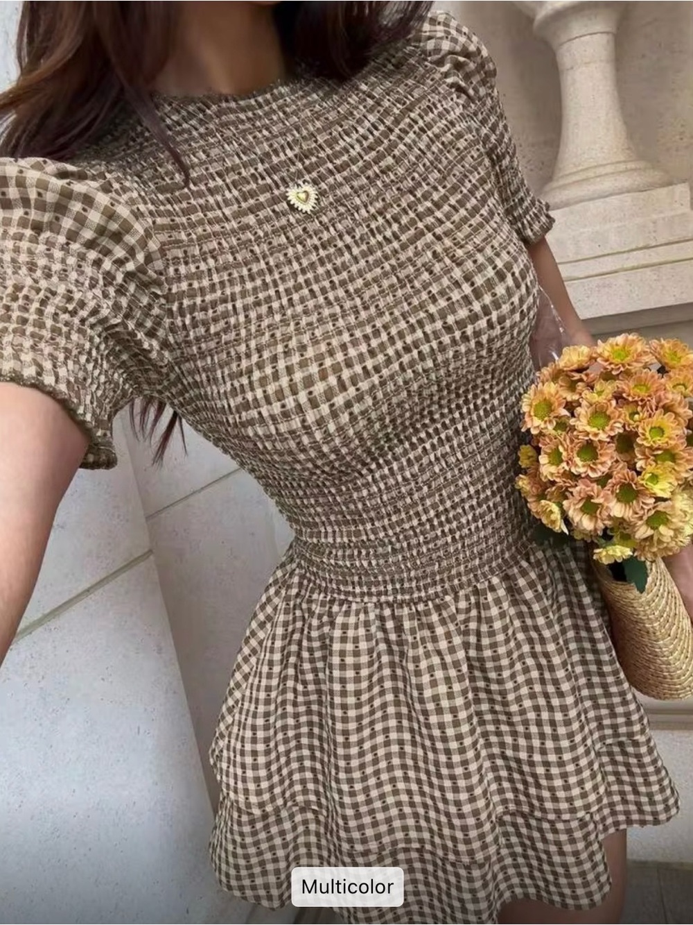 Brown Gingham Short Sleeve Smocked Waist Dress - Picture 2 of 3